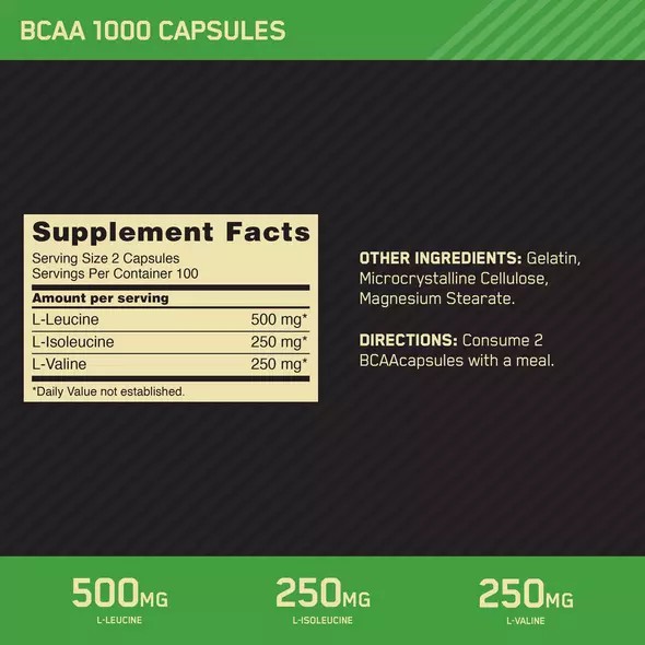 Optimum Nutrition BCAA 1000 200 Capsules (100 Servings) Colombia | 3091JLFBW