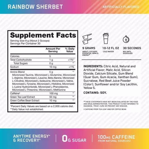 Optimum Nutrition ESSENTIAL AMIN.O. ENERGY® *new* Rainbow Sherbet - Notify Me 0.6 lb - Notify me Colombia | 8720PMOLQ