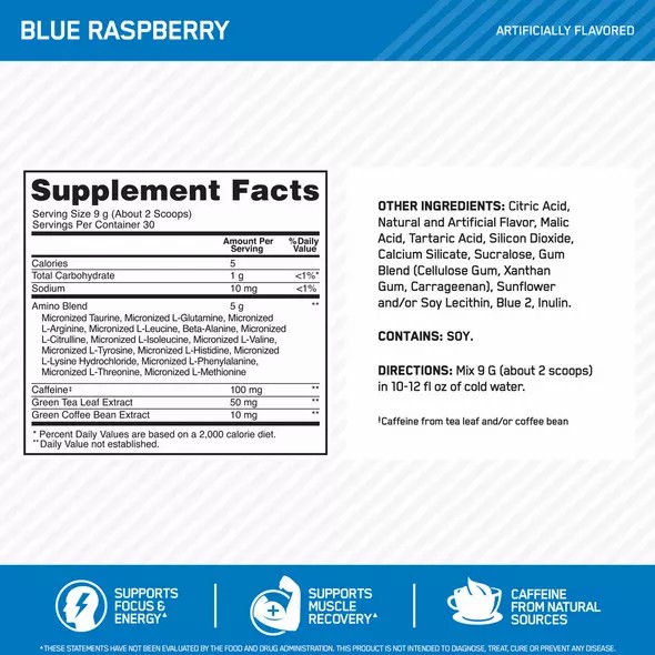 Optimum Nutrition ESSENTIAL AMIN.O. ENERGY® Blue Raspberry 0.6 lb (30 Servings) Colombia | 3705IHOGV