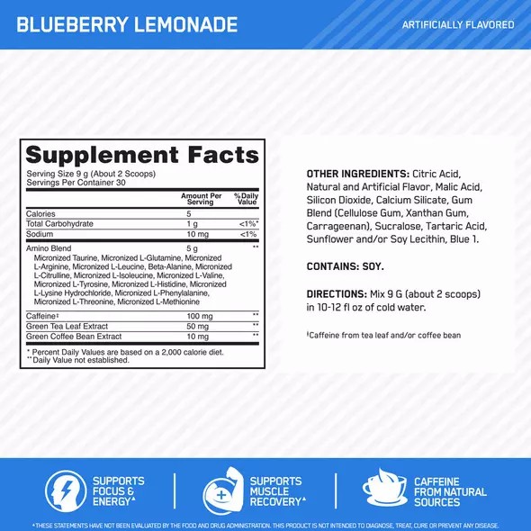 Optimum Nutrition ESSENTIAL AMIN.O. ENERGY® Blueberry Lemonade 0.6 lb (30 Servings) Colombia | 3840VPONF