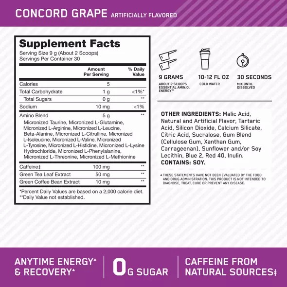 Optimum Nutrition ESSENTIAL AMIN.O. ENERGY® Concord Grape 0.6 lb (30 Servings) Colombia | 1037AZDRW