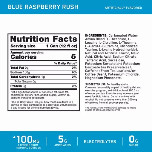 Optimum Nutrition ESSENTIAL AMIN.O. ENERGY+ Electrolytes Sparkling *new* Blue Raspberry Rush 355ml * 12 Cans (12 Servings) Colombia | 6980NEGZP