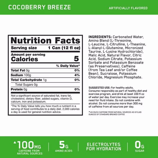 Optimum Nutrition ESSENTIAL AMIN.O. ENERGY+ Electrolytes Sparkling *new* Cocoberry Breeze 355ml * 12 Cans (12 Servings) Colombia | 2648YCIFJ