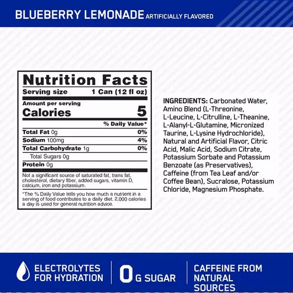 Optimum Nutrition ESSENTIAL AMIN.O. ENERGY+ Electrolytes Sparkling Blueberry Lemonade 355ml * 12 Cans (12 Servings) Colombia | 8730JTNZB