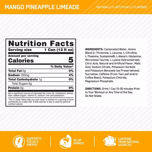 Optimum Nutrition ESSENTIAL AMIN.O. ENERGY+ Electrolytes Sparkling Mango Pineapple Lime 355ml * 12 Cans (12 Servings) Colombia | 4379PUXFL