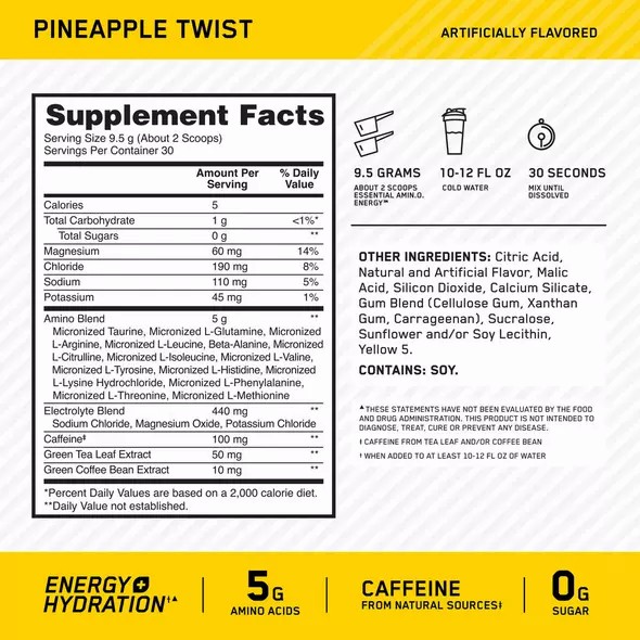 Optimum Nutrition Essential AMIN.O. ENERGY + Electrolytes Pineapple Twist 0.63 lb (30 Servings) Colombia | 2867YRIPK