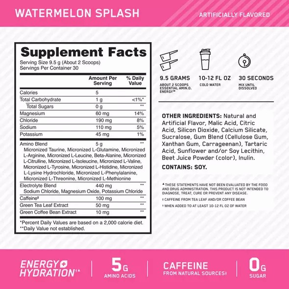 Optimum Nutrition Essential AMIN.O. ENERGY + Electrolytes Watermelon Splash 0.63 lb (30 Servings) Colombia | 5096CKEXI