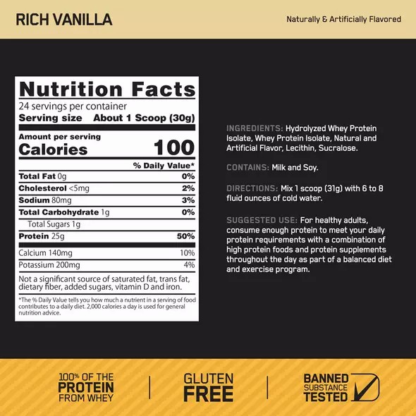 Optimum Nutrition GOLD STANDARD® 100% Isolate Rich Vainilla 2.91 lb (44 Servings) Colombia | 4920JBWGL