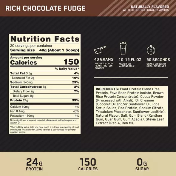 Optimum Nutrition GOLD STANDARD® 100% Plant Rich Chocolate Fudge 1.06 lb (12 Servings) Colombia | 2489EPBFY