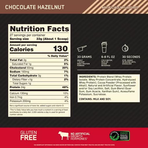 Optimum Nutrition GOLD STANDARD 100% WHEY™ Chocolate Hazelnut 2 lb (27 Servings) Colombia | 2163ZYKET