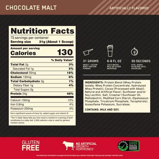 Optimum Nutrition GOLD STANDARD 100% WHEY™ Chocolate Malt 5 lb (73 Servings) Colombia | 6983IZRTB