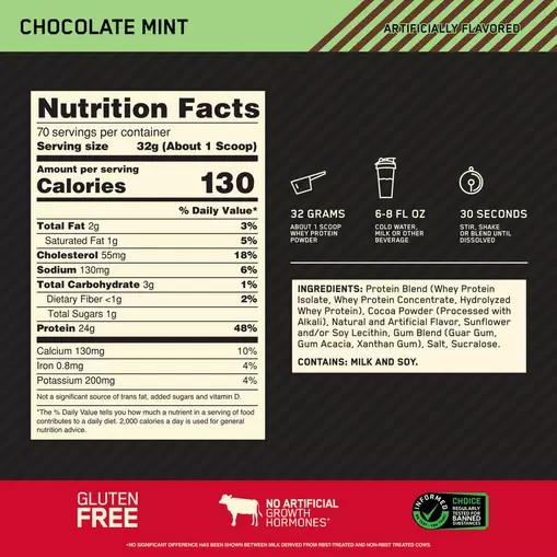 Optimum Nutrition GOLD STANDARD 100% WHEY™ Chocolate Mint 5 lb (70 Servings) Colombia | 1586FEBYD