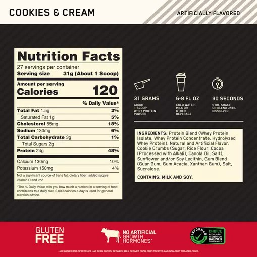 Optimum Nutrition GOLD STANDARD 100% WHEY™ Cookies & Cream 2 lb (27 Servings) Colombia | 4793XLSDY