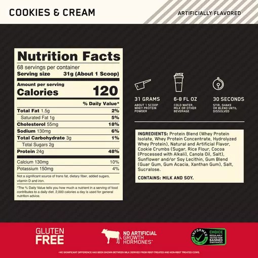 Optimum Nutrition GOLD STANDARD 100% WHEY™ Cookies & Cream 5 lb (68 Servings) Colombia | 8341ZAGTX