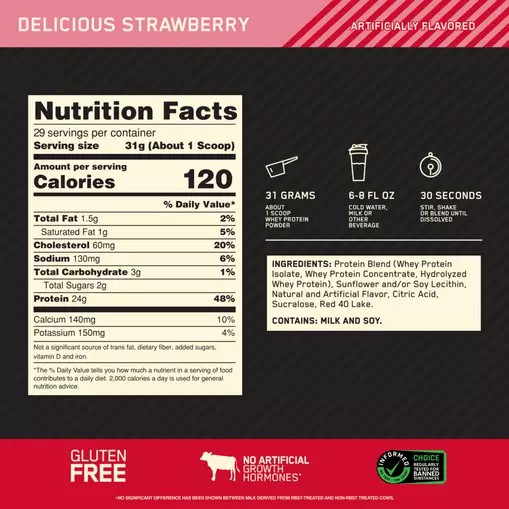 Optimum Nutrition GOLD STANDARD 100% WHEY™ Delicious Strawberry 2 lb (29 Servings) Colombia | 9031IPVOW