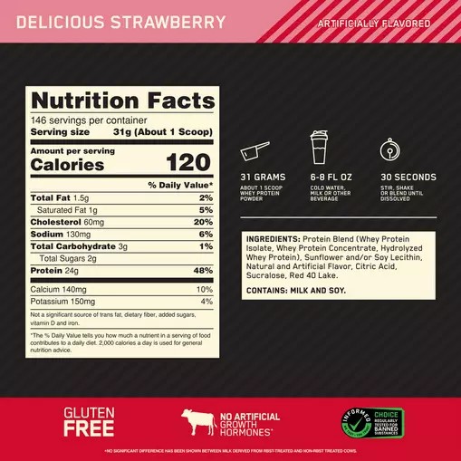 Optimum Nutrition GOLD STANDARD 100% WHEY™ Delicious Strawberry 10 lb (146 Servings) Colombia | 4916URVIM