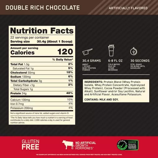 Optimum Nutrition GOLD STANDARD 100% WHEY™ Double Rich Chocolate 1.5 lb (22 Servings) Colombia | 6314KGFZA