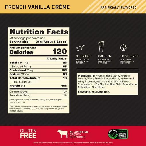 Optimum Nutrition GOLD STANDARD 100% WHEY™ French Vainilla Creme 5 lb (73 Servings) Colombia | 1294LATCZ