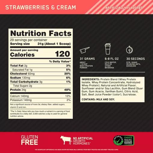 Optimum Nutrition GOLD STANDARD 100% WHEY™ Strawberries & Cream 2 lb (29 Servings) Colombia | 3189CRUKB