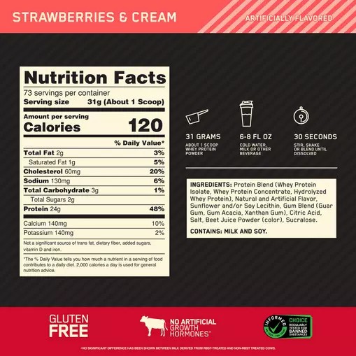 Optimum Nutrition GOLD STANDARD 100% WHEY™ Strawberries & Cream 5 lb (73 Servings) Colombia | 6829GCYTL