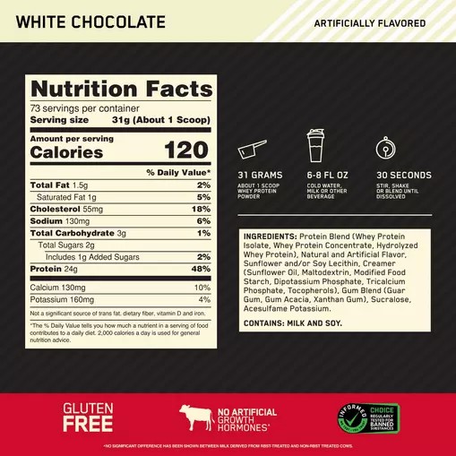 Optimum Nutrition GOLD STANDARD 100% WHEY™ White Chocolate 5 lb (73 Servings) Colombia | 8203XQEJS