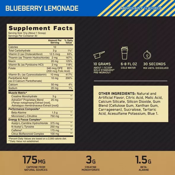 Optimum Nutrition GOLD STANDARD® Pre-Workout Blueberry Lemonade 0.66 lb (30 Servings) Colombia | 9475XPHMY