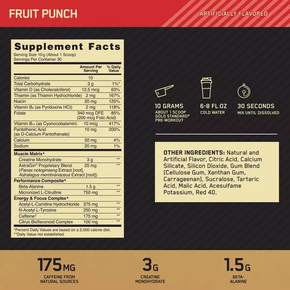 Optimum Nutrition GOLD STANDARD® Pre-Workout Fruit Punch 0.66 lb (30 Servings) Colombia | 2314ENUIA