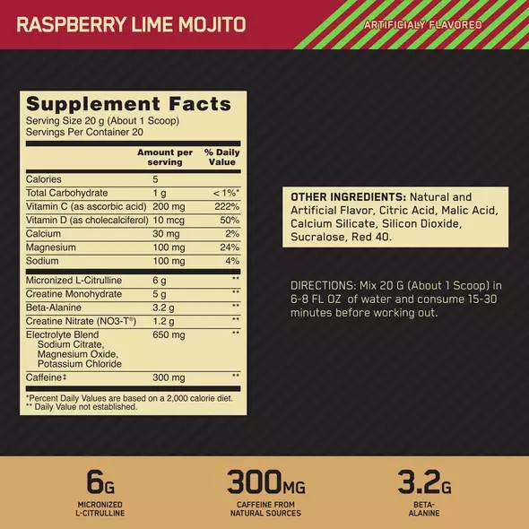 Optimum Nutrition GOLD STANDARD® Pre Advanced Raspberry Lime Mojito 0.88 lb (20 Servings) Colombia | 3208PQZJH