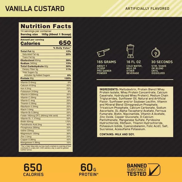 Optimum Nutrition GOLD STANDARD® Pro Gainer Vainilla Custard 5.09 lb (14 Servings) Colombia | 4685INRLP