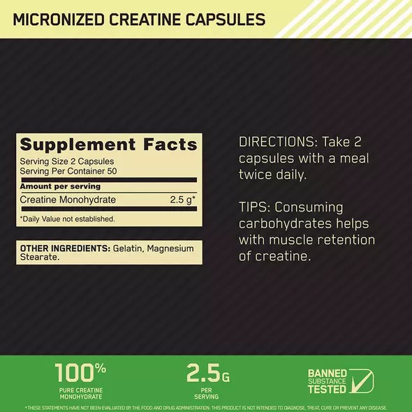 Optimum Nutrition Micronized Creatine Capsules 100 Capsules (50 Servings) Colombia | 5047KPWAF