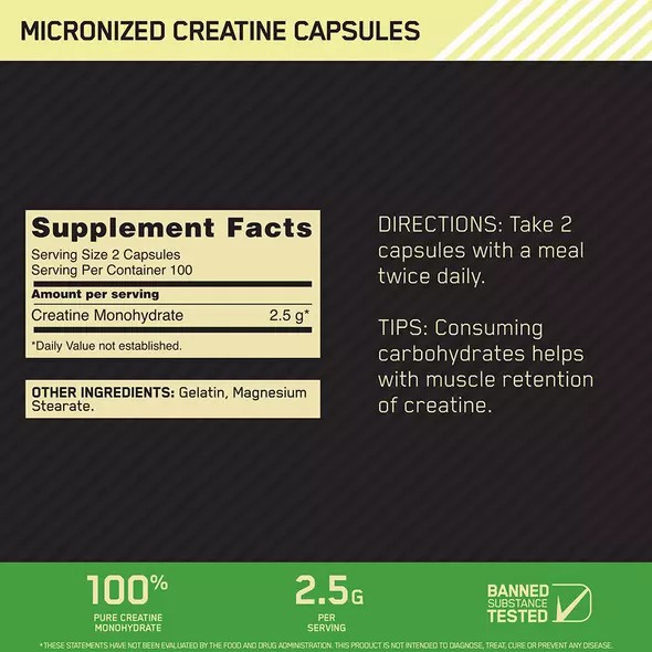 Optimum Nutrition Micronized Creatine Capsules 200 Capsules (100 Servings) Colombia | 7085NWOMJ