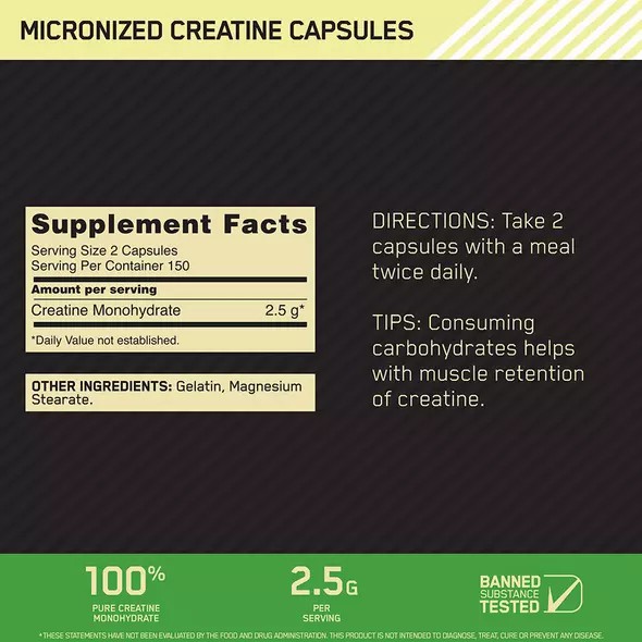 Optimum Nutrition Micronized Creatine Capsules 300 Capsules (150 Servings) Colombia | 3742LYEBO