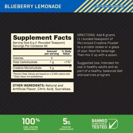 Optimum Nutrition Micronized Creatine Powder Blueberry Lemonade 0.79 lb (60 Servings) Colombia | 5120CLPFH