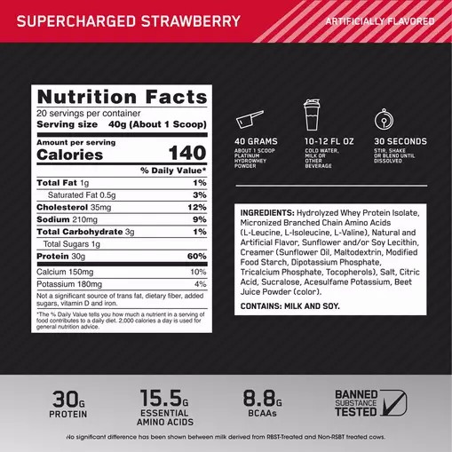 Optimum Nutrition PLATINUM HYDROWHEY™ Supercharged Strawberry 1.76 lb (20 Servings) Colombia | 1482CRULA