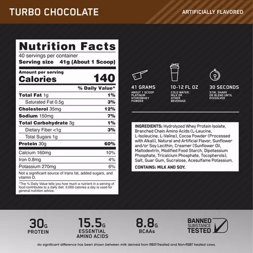 Optimum Nutrition PLATINUM HYDROWHEY™ Turbo Chocolate 3.61 lb (40 Servings) Colombia | 0769FYKSU