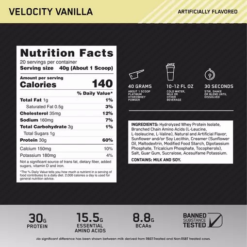 Optimum Nutrition PLATINUM HYDROWHEY™ Velocity Vainilla 1.76 lb (20 Servings) Colombia | 3549RHCNX