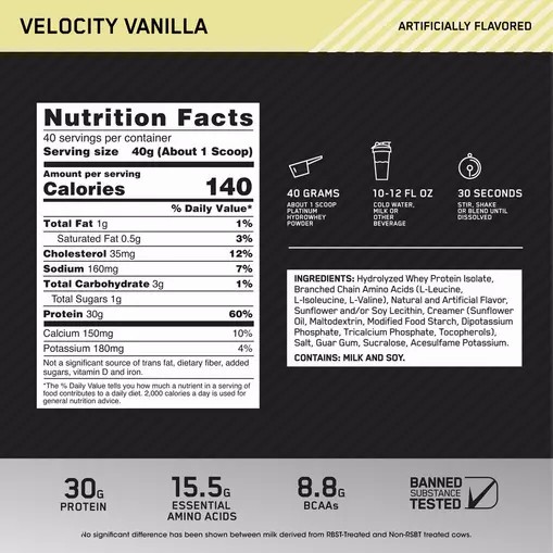 Optimum Nutrition PLATINUM HYDROWHEY™ Velocity Vainilla 3.52 lb (40 Servings) Colombia | 5640DISJG