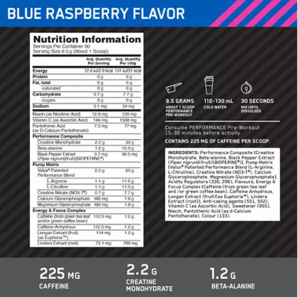 Optimum Nutrition Performance Pre-Workout Blue Raspberry 285g Colombia | 8201HBJLE