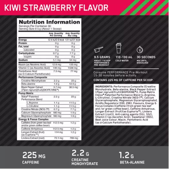 Optimum Nutrition Performance Pre-Workout Kiwi Strawberry 285g Colombia | 6524KZLUY