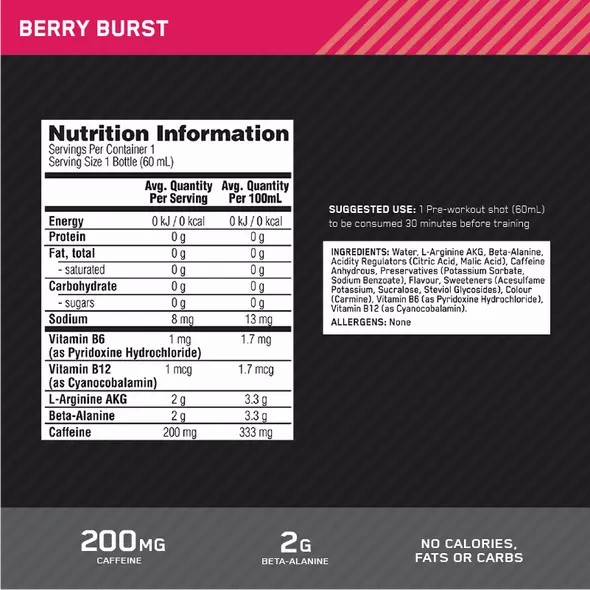 Optimum Nutrition Pure Pre 200 Pre-Workout Shot Berry 60ml (12 shots) Colombia | 4162MARUI