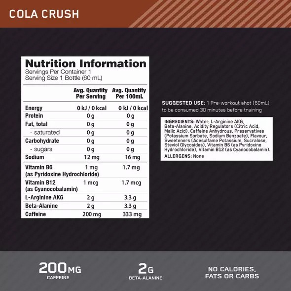 Optimum Nutrition Pure Pre 200 Pre-Workout Shot Cola 60ml (12 shots) Colombia | 8726EURTV