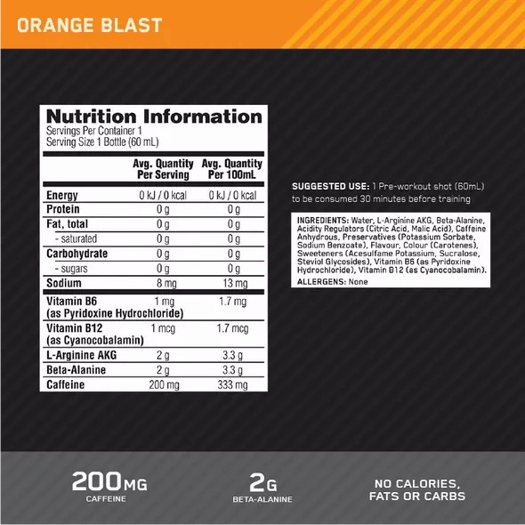 Optimum Nutrition Pure Pre 200 Pre-Workout Shot Orange 60ml (12 shots) Colombia | 3784ECKUY