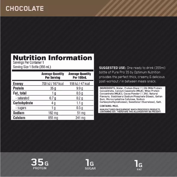 Optimum Nutrition Pure Pro 35 Chocolate 355ml (6 bottles) Colombia | 3540MLCOV