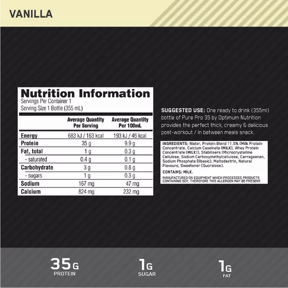 Optimum Nutrition Pure Pro 35 Vainilla 355ml (6 bottles) Colombia | 6754MQWEN