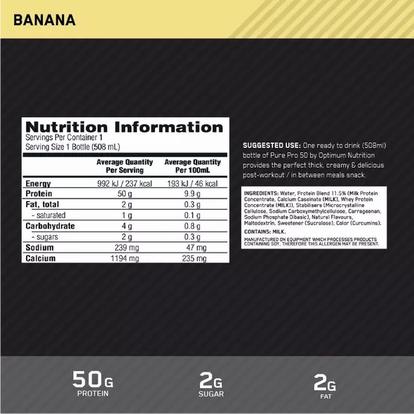 Optimum Nutrition Pure Pro 50 Banana 508ml (12 bottles) Colombia | 8627TLGEF