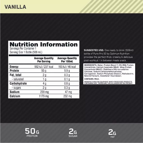 Optimum Nutrition Pure Pro 50 Vainilla 508ml (12 bottles) Colombia | 4860EWNOI